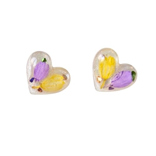 Handgefertigte Herz-Ohrstecker mit echten Blumen, 1,3 x 1,3 cm, Lila und Gelb, Harz-Schmuck