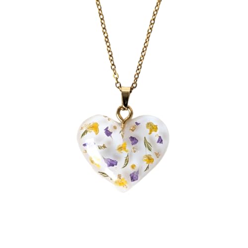Halskette mit Herz-Anhänger aus konservierten Blumen und Blättern in Epoxidharz, goldene Halskette, 45 cm lang, handgefertigt, Doppelseitige