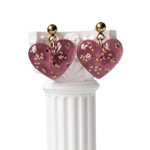 Handgefertigte Ohrringe mit echten Blumen und Blättern, Edelstahl, kreatives Geschenk, 2,5 cm, goldfarben, Herzform