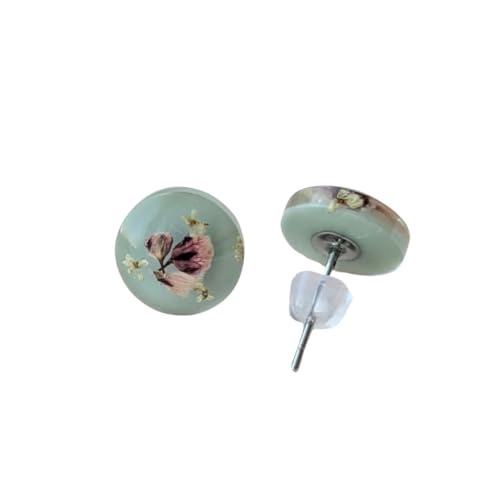 Handgefertigte Ohrstecker mit echten Blumen, 1 cm, Mintgrün, Hypoallergener Edelstahl