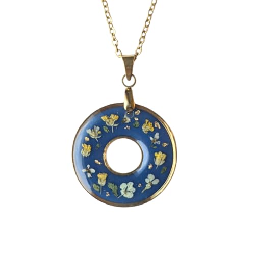 Halskette mit echten Blumen und Blättern in Epoxidharz, rund, goldfarben, 45 cm lang, Anhänger ca. 2,5 cm, handgefertigt, Edelstahl