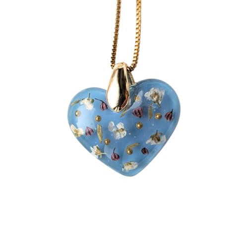 Handgefertigte Herz-Halskette mit echten Blumen, 2,5 cm Anhänger, 45 cm Kette, Blau