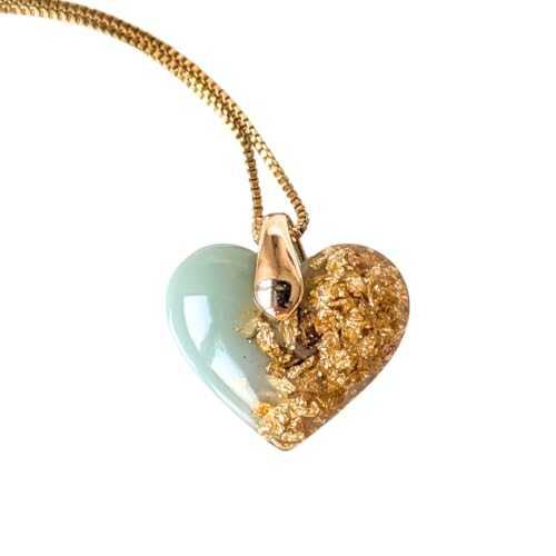 Handgefertigte Herz-Halskette, Harz mit Blattgold, Mintgrün-Gold, 45 cm Kette, 2,5 cm Anhänger