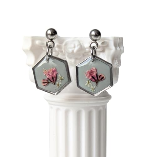 Handgefertigte Hexagon-Ohrringe mit echten Blumen, 2,1 cm, Hypoallergener Edelstahl, Grün-Rosa