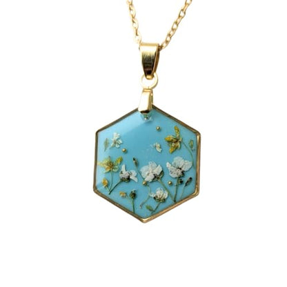 Hexagon Halskette mit Trockenblumen, 45 cm Goldene Edelstahlkette, 2,5 cm Türkisblauer Epoxidharz-Anhänger