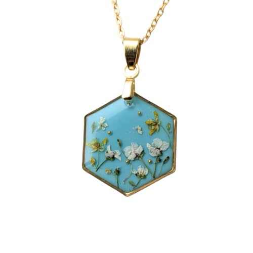 Hexagon Halskette mit Trockenblumen, 45 cm Goldene Edelstahlkette, 2,5 cm Türkisblauer Epoxidharz-Anhänger