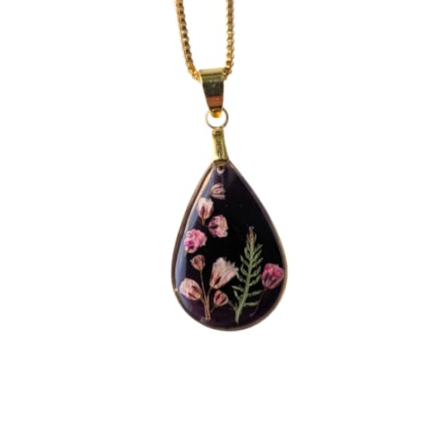 Handgefertigte Halskette mit Trockenblumen, Tropfenform-Anhänger in Epoxidharz, 45 cm Kette, Schwarz-Gold
