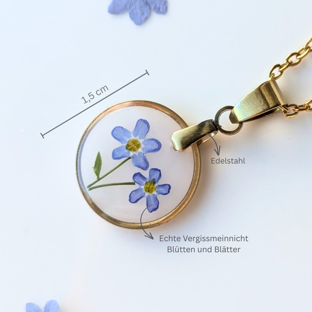 Vergissmeinnicht Halskette mit echten Blumen – Handgemachter Anhänger aus Harz – Edelstahlkette (45+5 cm) – Zartes Geschenk für Frauen